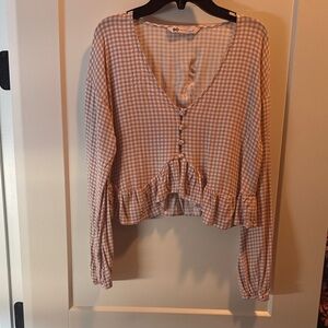SO Gingham Button-Front Blouse - Pink and White